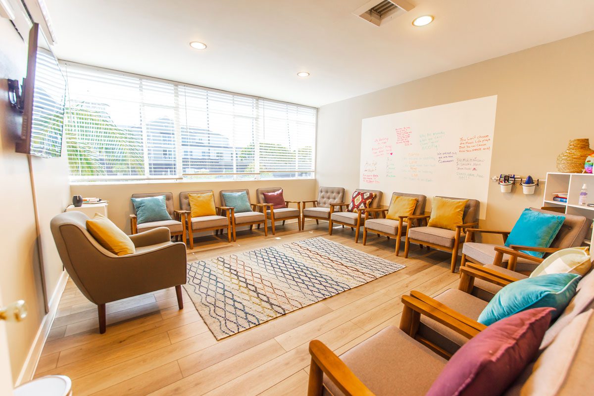 A room with many chairs and tables in it