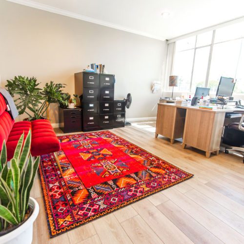 A living room with a red couch and a rug