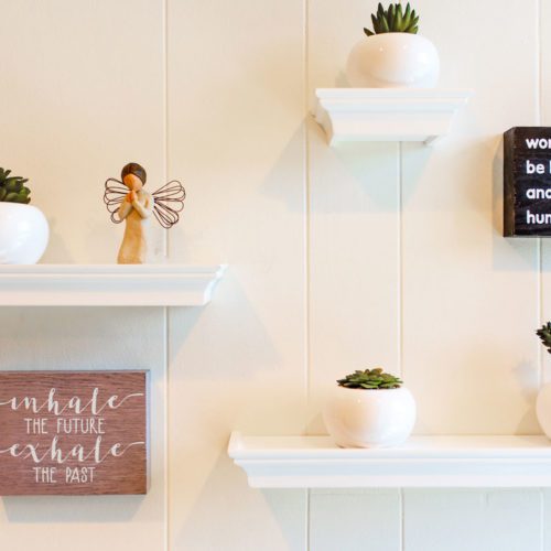 A white wall with some shelves and plants on it